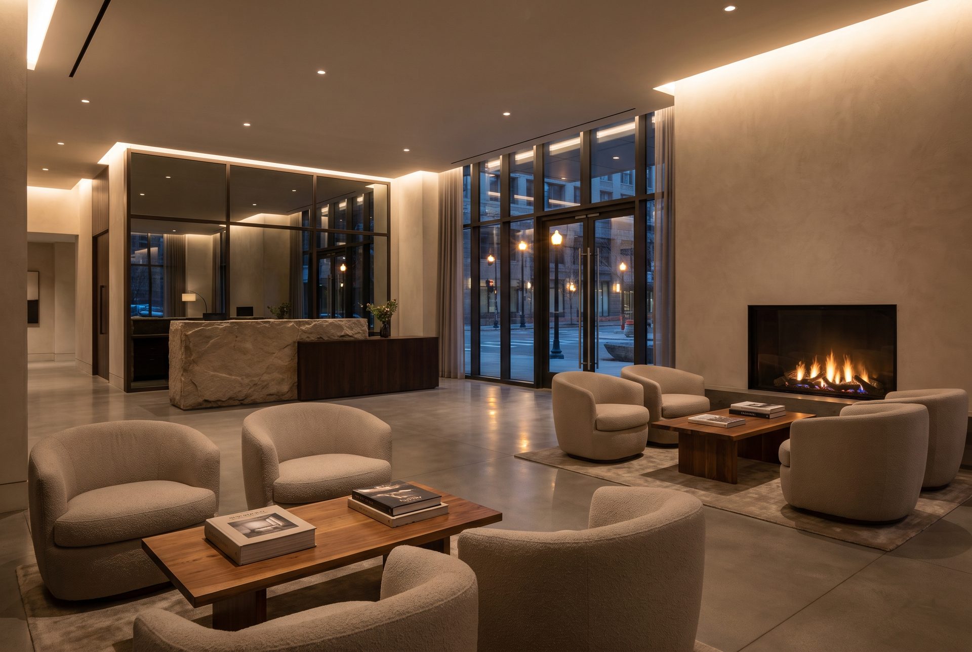 A development lobby or amenity floor with integrated video wall and lighting.