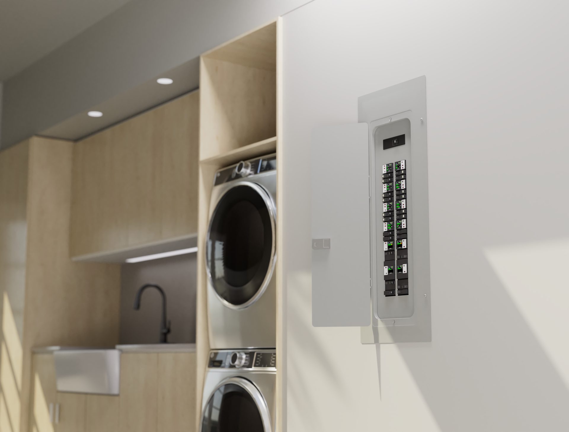 Clean mechanical or rack room with power conditioning and battery backup; or an energy dashboard on a touch panel.