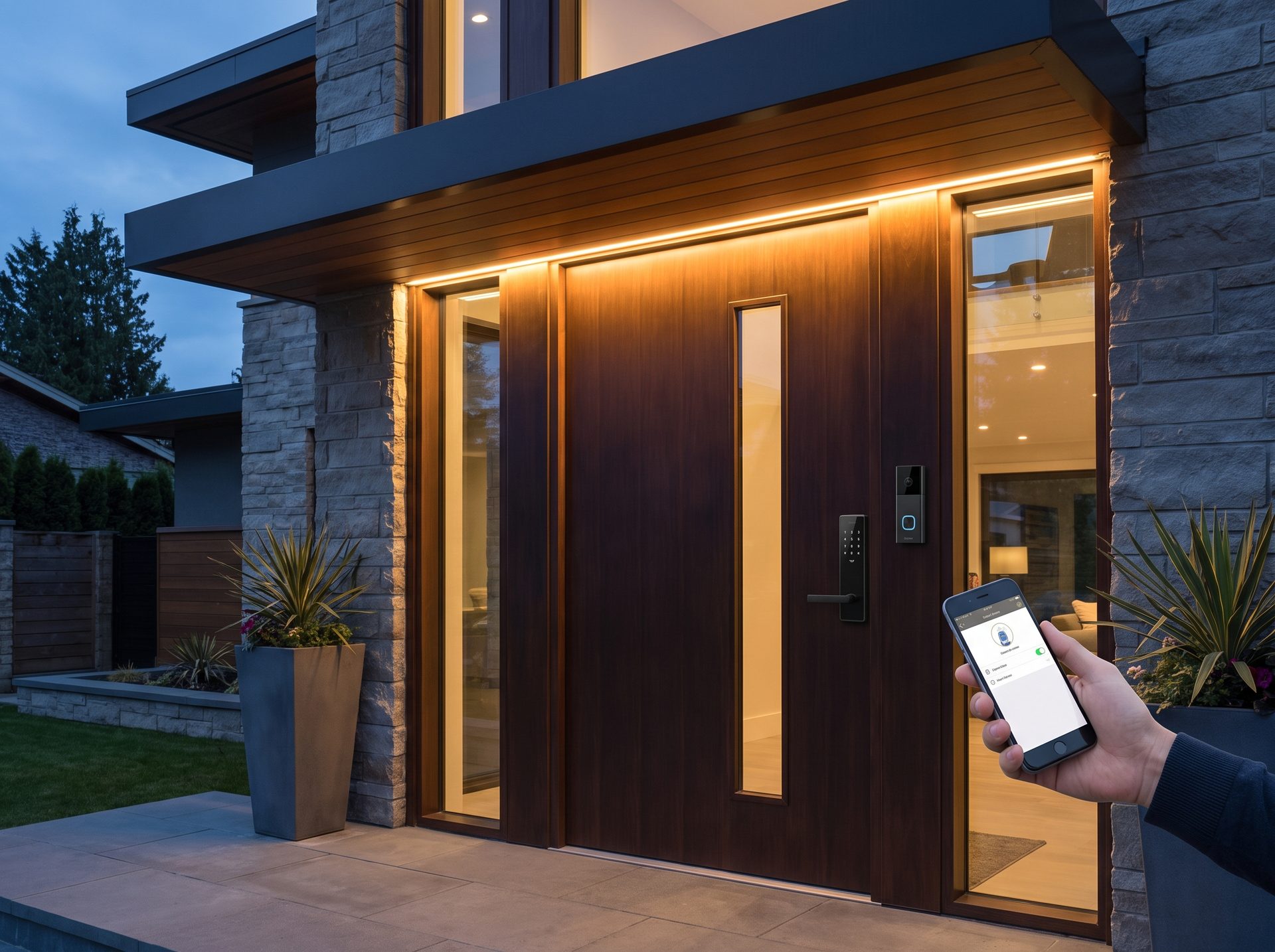 Front door with a smart lock and video doorbell in a matching finish; a hand approaching with a phone.
